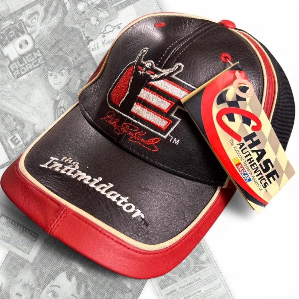 Chase Authentics NASCAR Dale Earnhardt Leather Graphic Fitted Hat Black Red Y2K